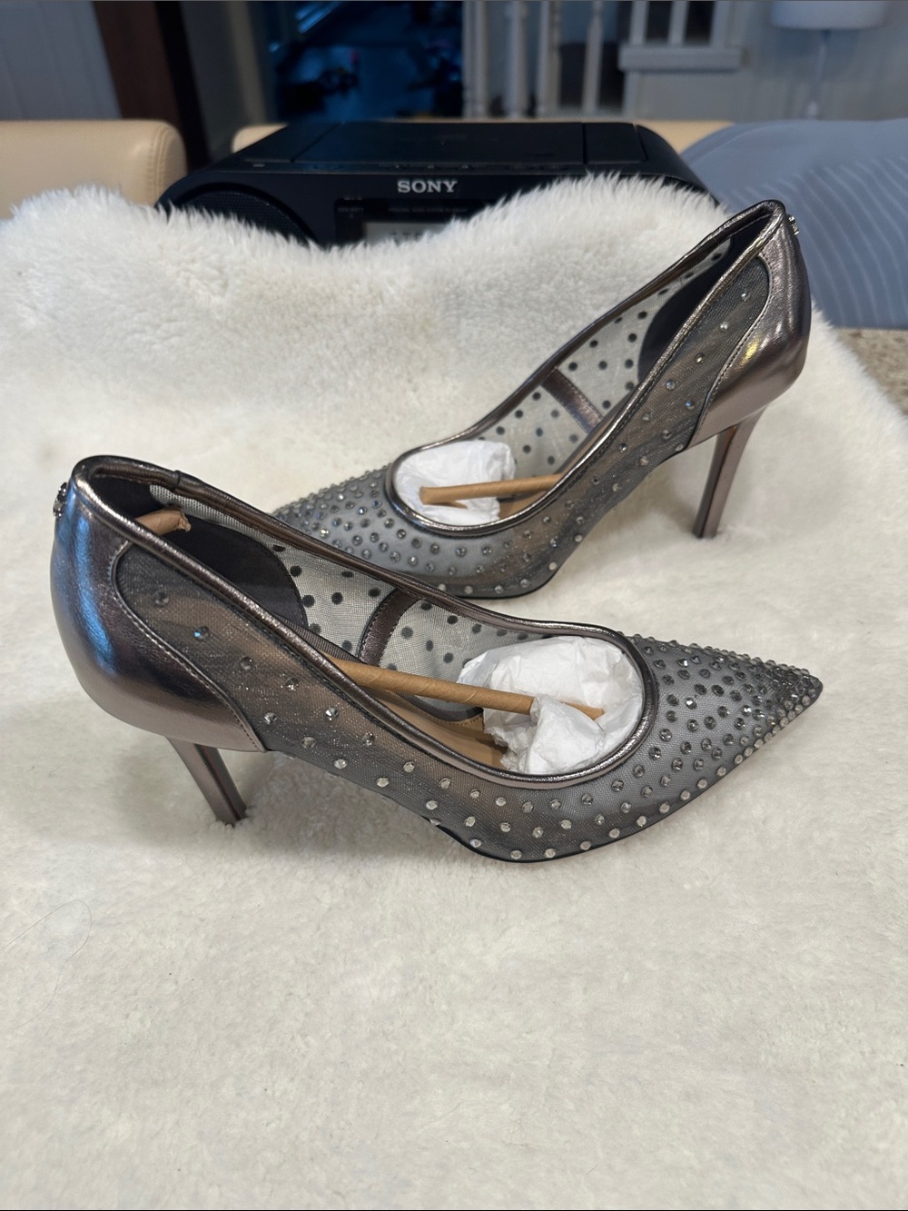 Ladies Studded Pointed Toe Heels in Gray by Sam Edelman. New